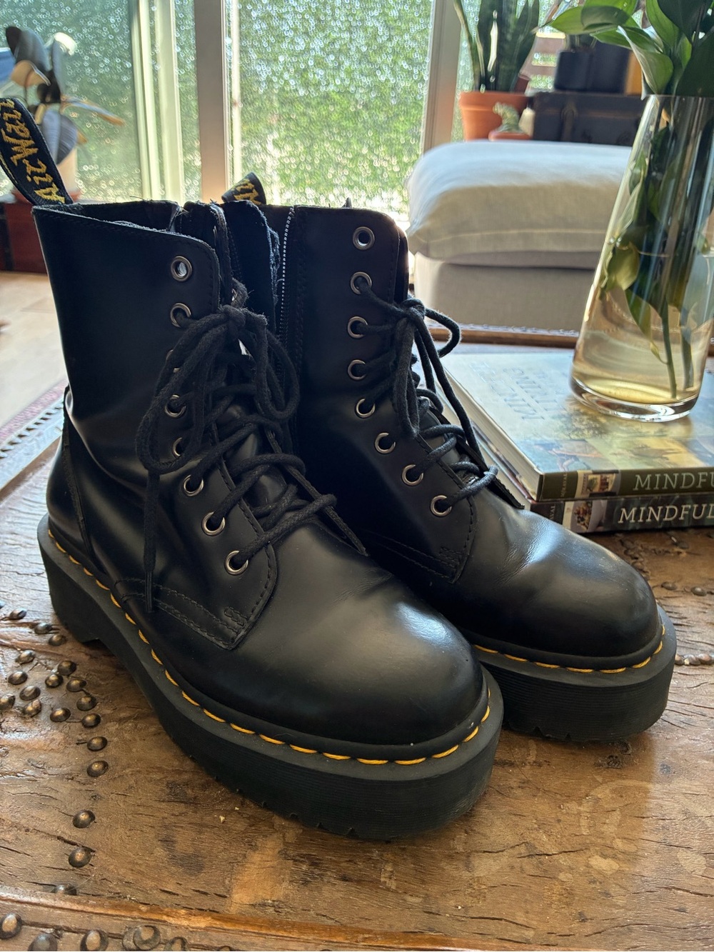 Dr. Martens Black Leather Platform Lace-Up Boots with Yellow Stitching (women’s)